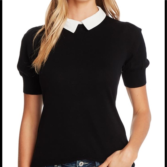 CeCe Short Sleeve Pullover Sweater with Embroidered Collar